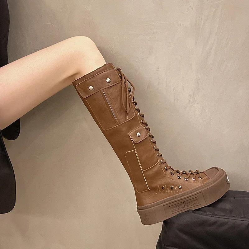 Fashion Women Platform Flats Knee High Motorcycle Boots Leather Shoes Winter 2025 Luxury Brand New Fashion Chelsea Lace-up Botas Mujer
