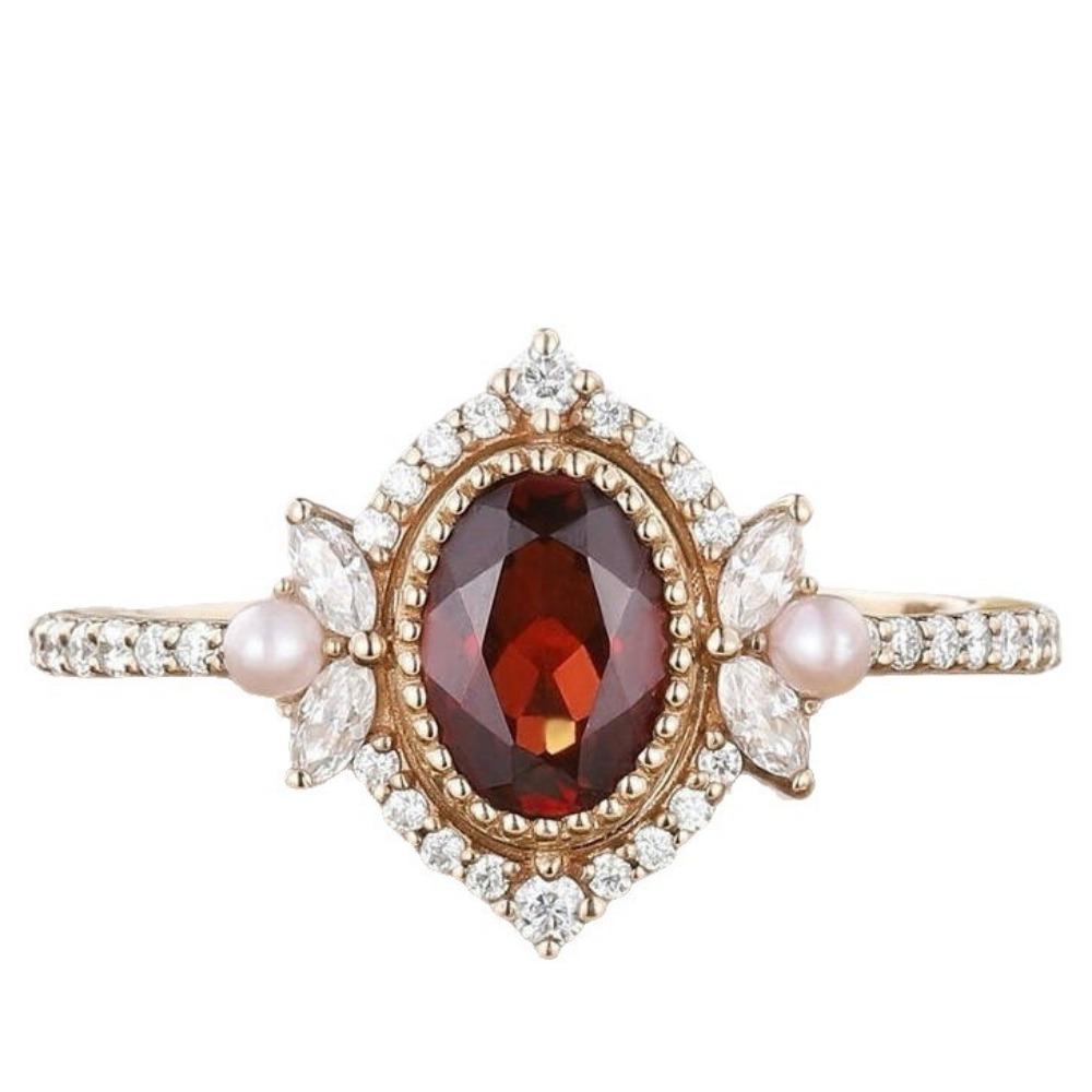Luxury Ins Fresh and Sweet Garnet Red Zircon Ring Pearl Women's Diamond Jewelry New Women's Ring