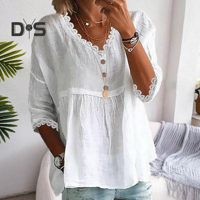 Women Shirt V-Neck 3/4 Sleeve Loose Fit Lace Splicing Tops Solid Color Loose Fit Breathable Casual Shirt