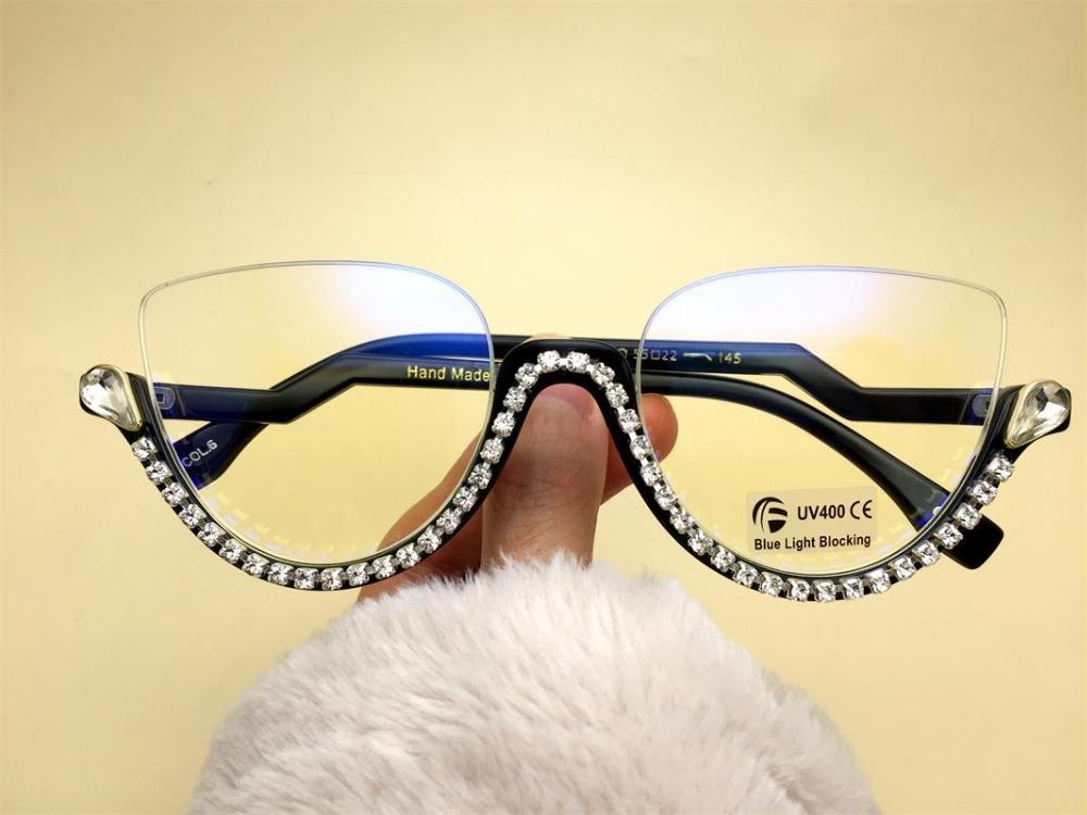 Luxury Rhinestone Cat Eye Reading Glasses Ladies Fashion Computer Filter Blue Light Blocking Glasses Half Frame Eyeglasses