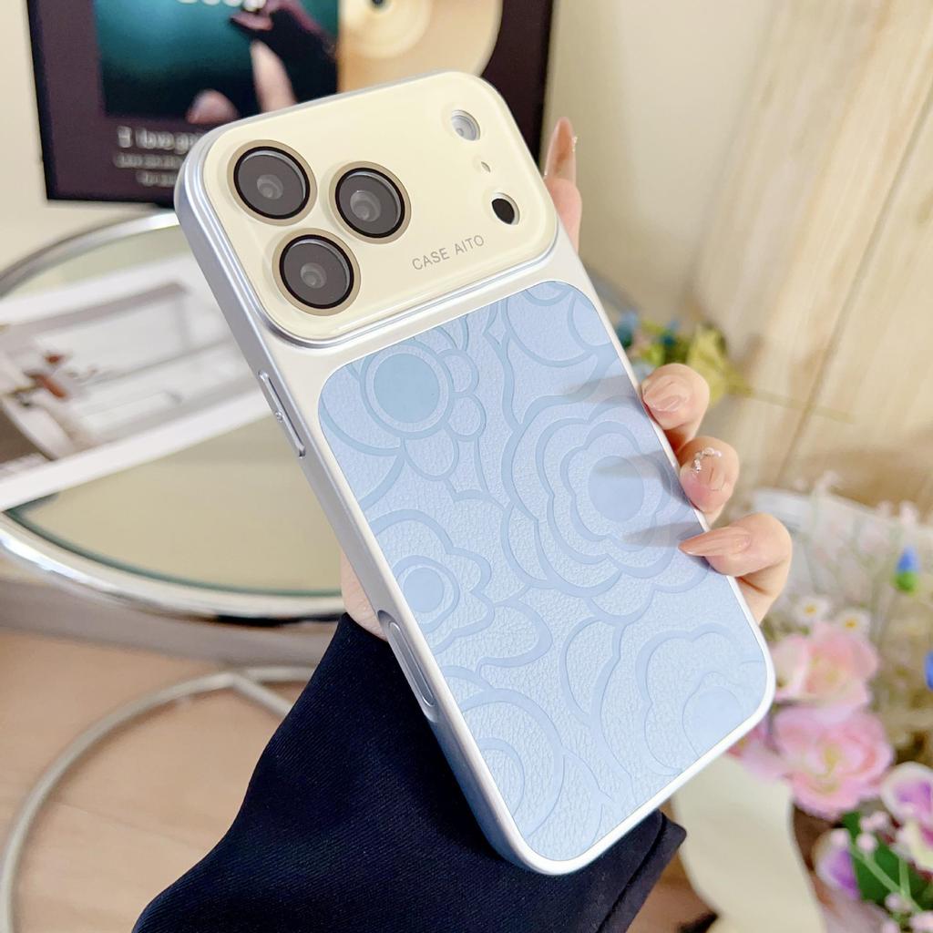Camellia Leather Texture Full Coverage Drop-Proof Phone Case for 15, 16 Pro, 17 Pro Max