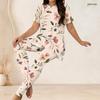 Women Plus Size Two Piece Coordinate Crew Neck Short Sleeve Blouse Long Trousers