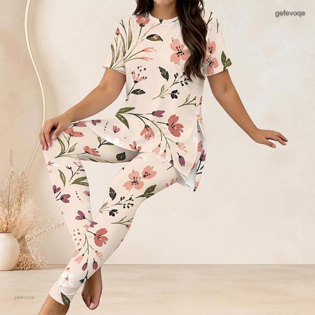 Women Plus Size Two Piece Coordinate Crew Neck Short Sleeve Blouse Long Trousers