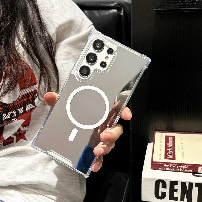 for Magsafe Mirror Make Up Case for Samsung Galaxy S25 S23 Ultra S24 FE S22 A55 A54 A35 A15 A16 A56 A36 Airbag Bumper Slim Cover