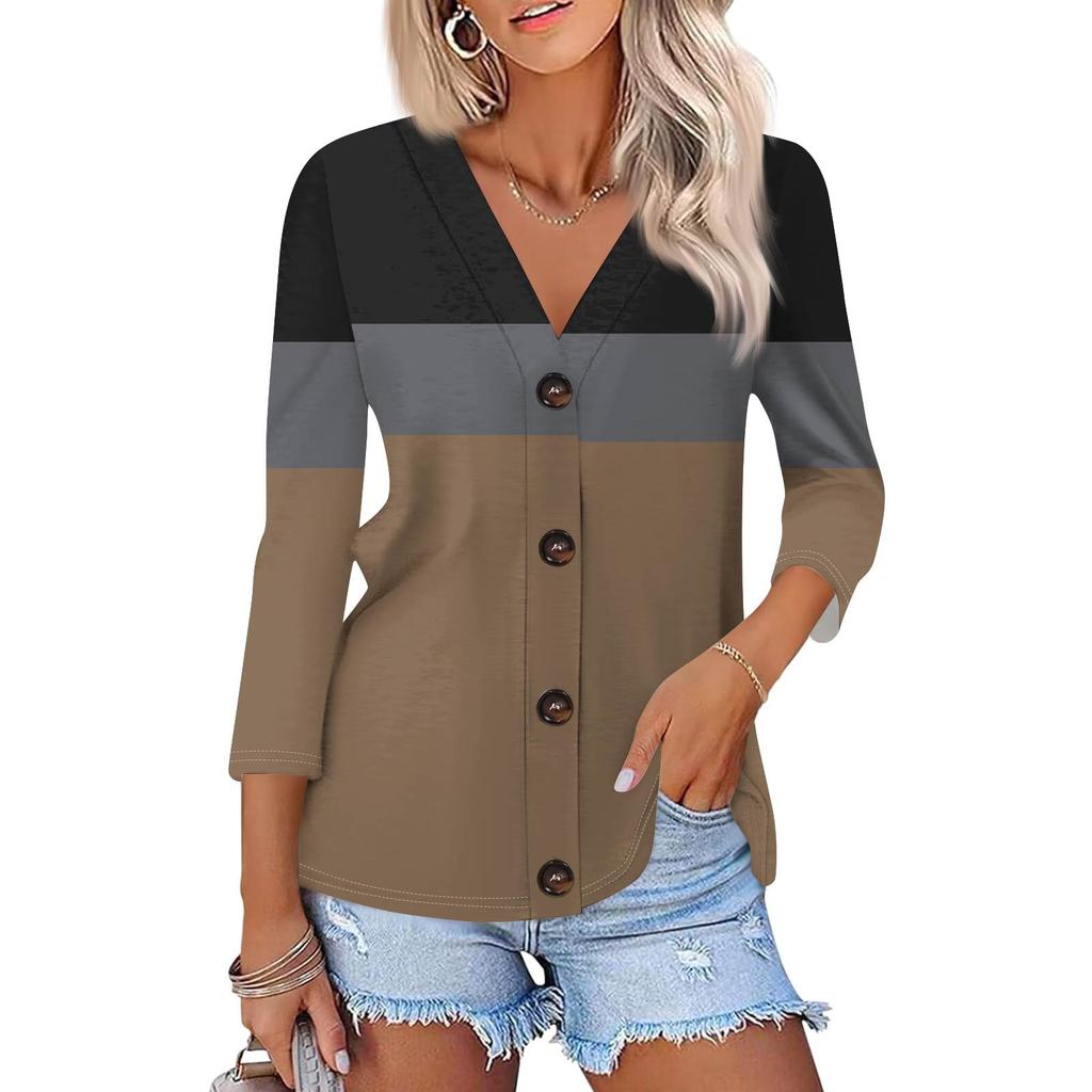 Moda Feminina Casual Camisa Listrada com Estampa Geométrica Abotoada Top Cardigan de Manga Três Quartos