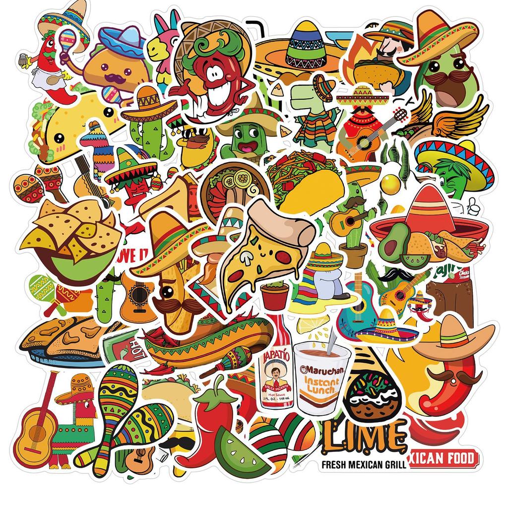 50 Sheets of Mexican Style Food Graffiti Stickers Decorative Suitcase Waterproof Stickers