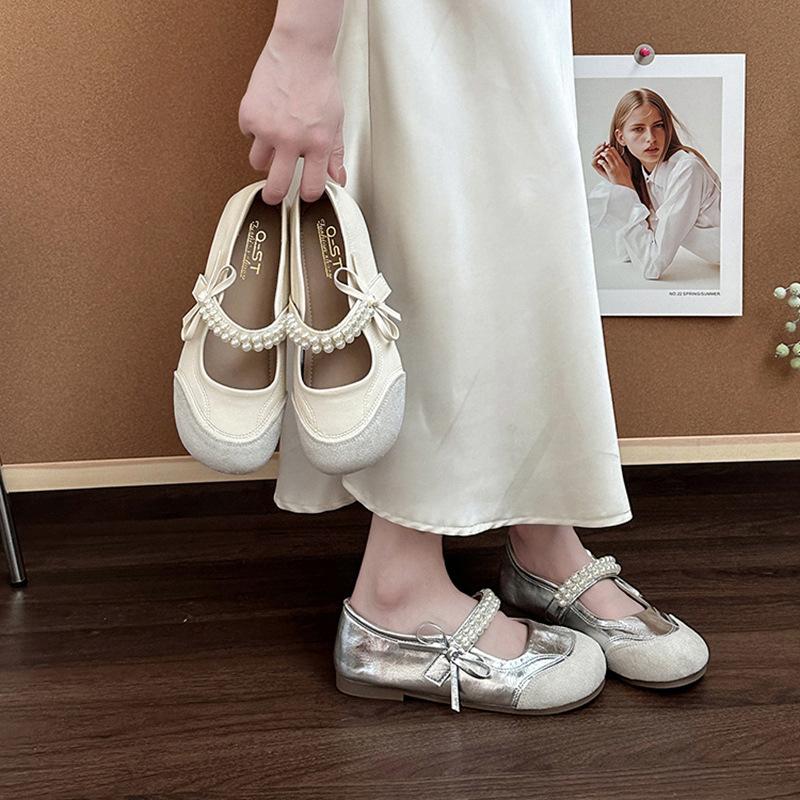 French temperament beautiful pearl one-word belt single shoes women's 2025 spring and summer new ballet shoes flat Mary Jane shoes