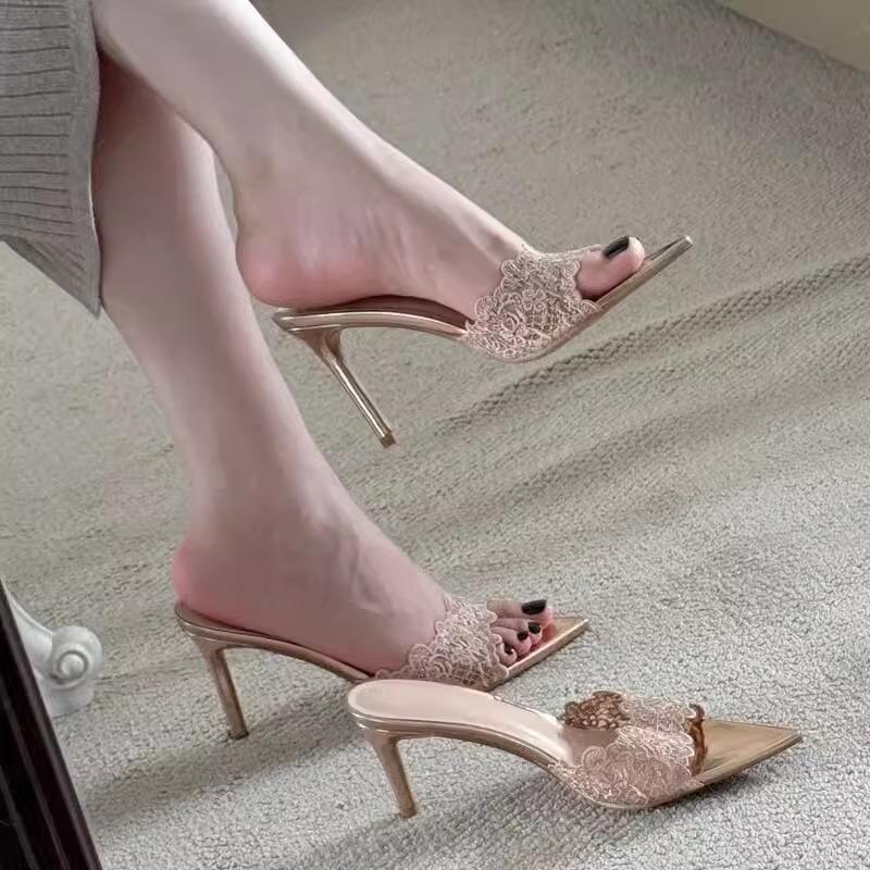 French Champagne Lace High-Heeled Slippers Women'S Spring Versatile Stiff Heels Socialite Niche Pointed Toe One-Word Sandals