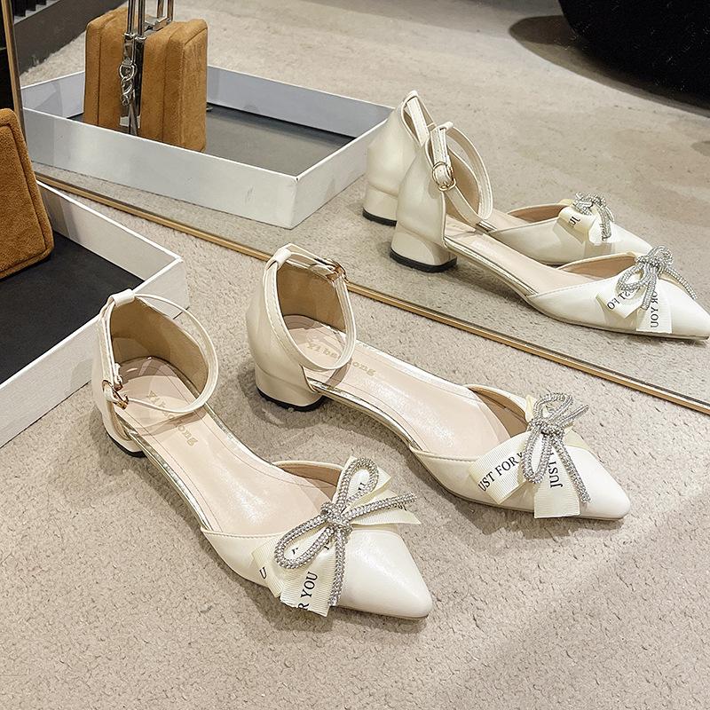 Baotou Sandals Women's Summer 2025 New Pointed Thick Heel Rhinestone Bow High Heel Single Shoes
