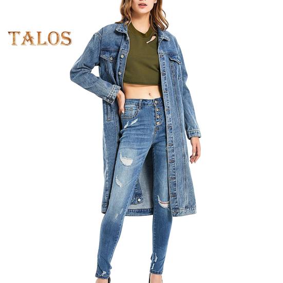 

Женская куртка в стиле ретро, облегающий крой, стираный деним, средней длины, отложной воротник, застежка на пуговицы, длинный рукав, пальто, однотонное, с нагрудными карманами, верхняя одежда S синий