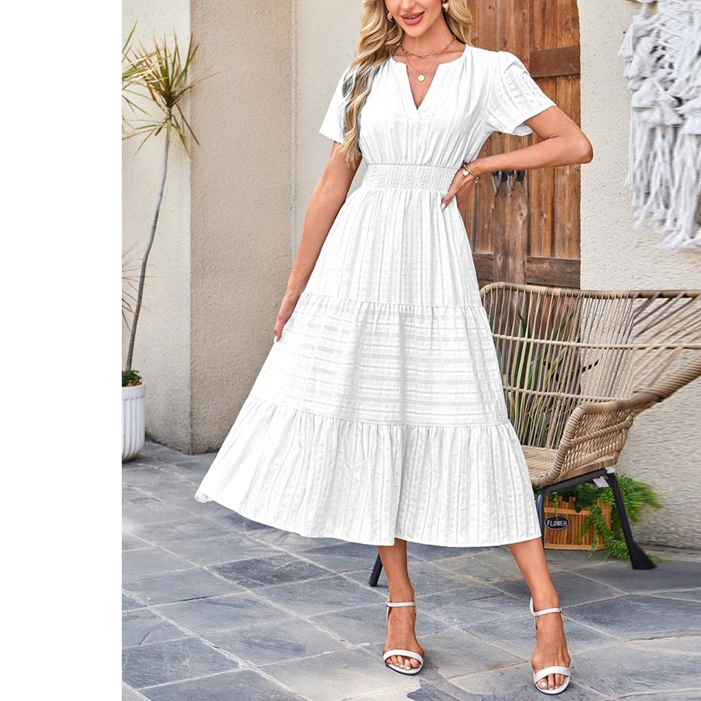 Women's V-neck Pleated Puff Sleeve Long-sleeved Dress