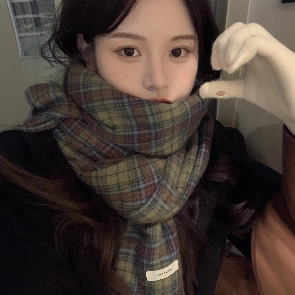 Autumn and Winter Korean Double-sided Green Plaid Scarf Female Versatile Japanese Retro High-end Warm Long Shawl Scarf