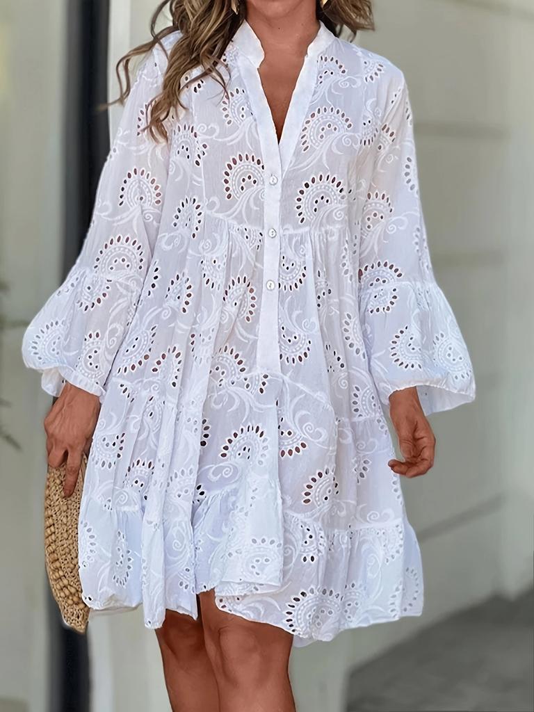 European and American new women's clothing spring and summer solid color V-neck loose hollow sexy shirt dress