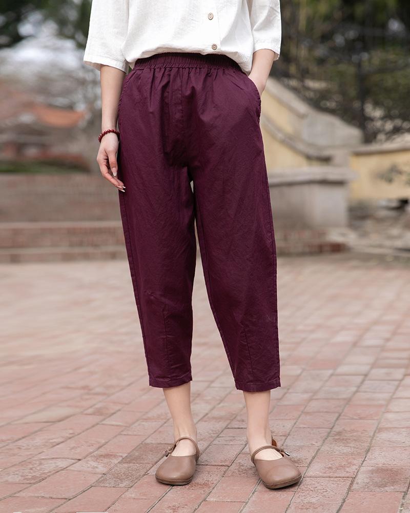 Women's Mid Rise Harem Pants Tapered Linen Pants Vintage Style Sand Wash Solid Color Summer Casual Cropped Trousers