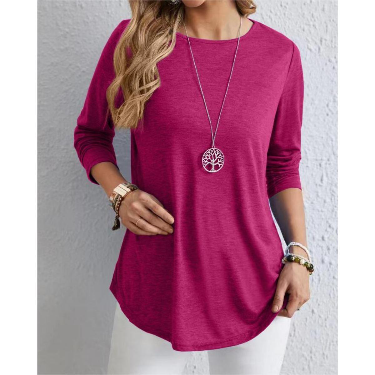 

Autumn Women s Long Sleeve T-Shirt Curved Hem Button Down Casual Basic Top For Women, Europe America Hot Selling Fashion 5XL рожевий червоний колір