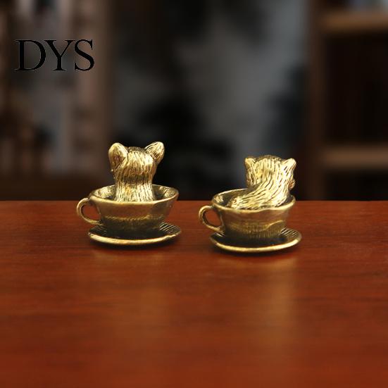 Artistic Home Office Desk Decor Miniature Teacup Cat Statue, Cute Brass Dog Figurine, Landscape Decorative Accents Collectable Animal for DIY