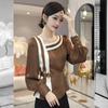 Women Vintage Stylish Contrast Color High Waist Blouse Office Lady Elegant Chic Luxury Shirt Autumn V Neck Long Sleeve Slim Tops