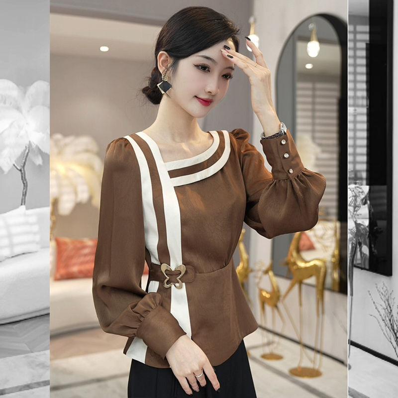 Women Vintage Stylish Contrast Color High Waist Blouse Office Lady Elegant Chic Luxury Shirt Autumn V Neck Long Sleeve Slim Tops
