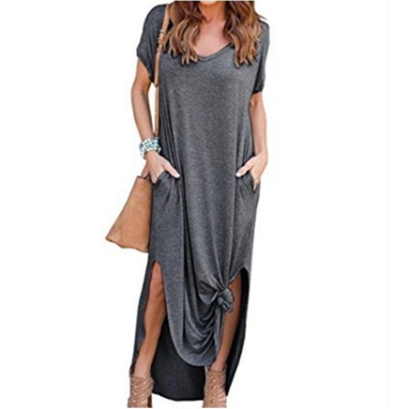 JPNTKY Fashion Summer Spring Solid Color Print Short Sleeve V-Neck Casual Dresses