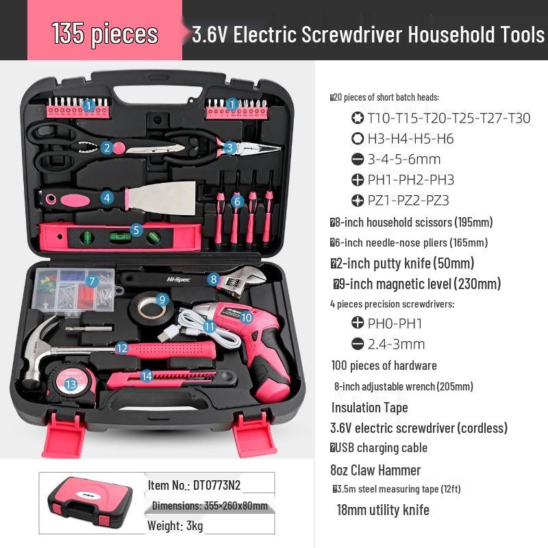 HiSpec Pink Household Tool Set with Wrench, Pliers, Hammer, Electric Screwdriver, and Toolbox