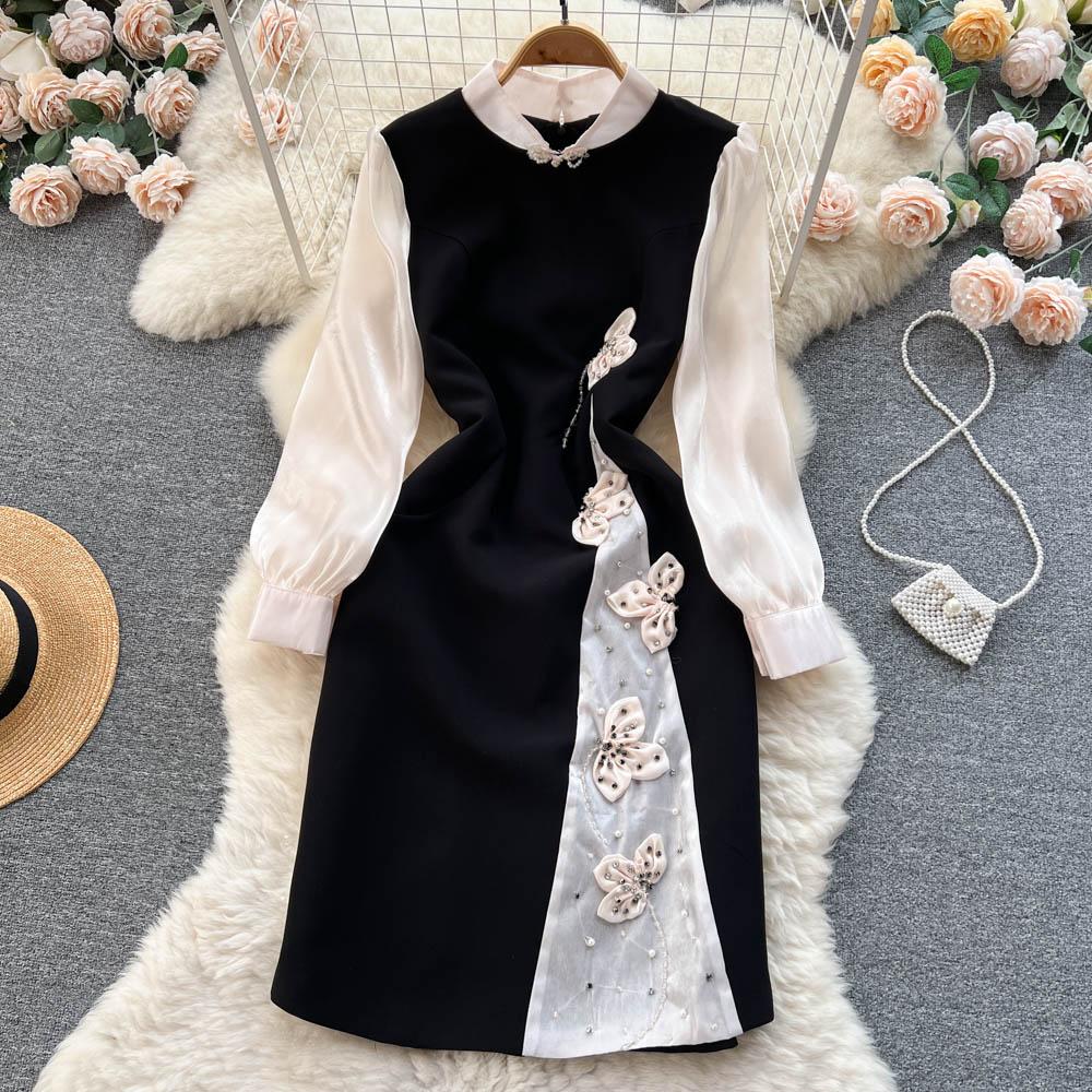 Vår Høst Kjendis Vintage Cheongsam Blyantkjole Dame Ny mote Langermet Mesh Patchwork Elegante Perlebue Festkjoler