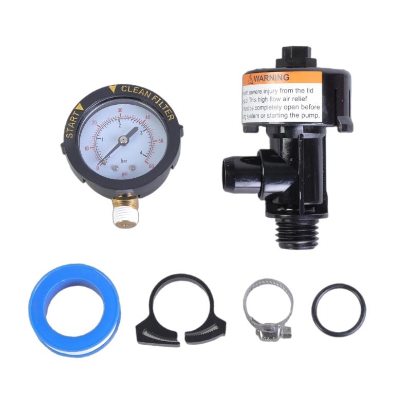 

98209800 Сборка клапанов сброса воздуха для замены фильтра бассейна и спа с манометром, уплотнительными кольцами, зажимом, лентой и заглушкой манометра 1