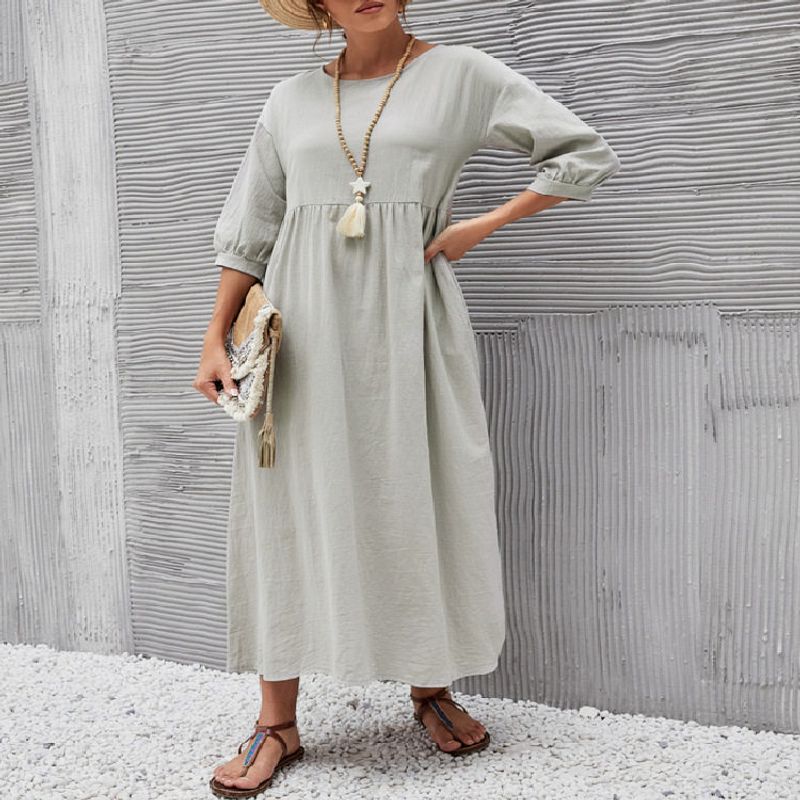 2025 New Women's Casual Solid Color Fashion Lantern Sleeve Loose Cotton and Linen Dress with Pockets in Stock