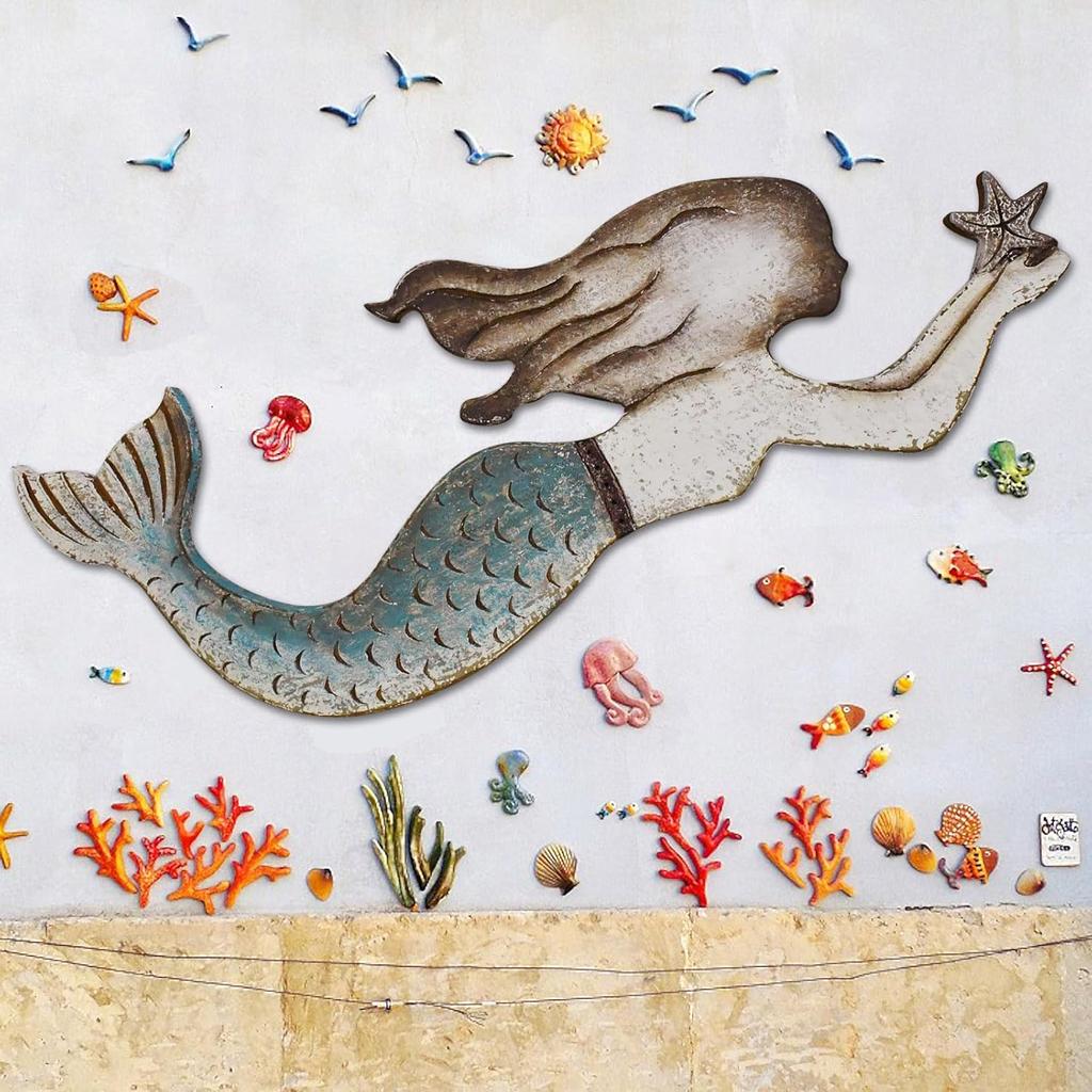 Rustic Wood Mermaid Decor Hanging Nautical Wall Decor, Wooden Mermaid Plaque Wall Sculpture Bathroom Beach Themed Decorations Coastal Mediterranean