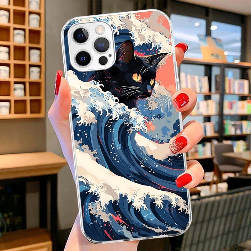 Anime Cat Sea Wave Aesthetic Cover Phone Case For iPhone 16 17 Air 15 14 Pro Max 16E Phone Case 13 Mini 12 11 7 SE 8 Print Patte