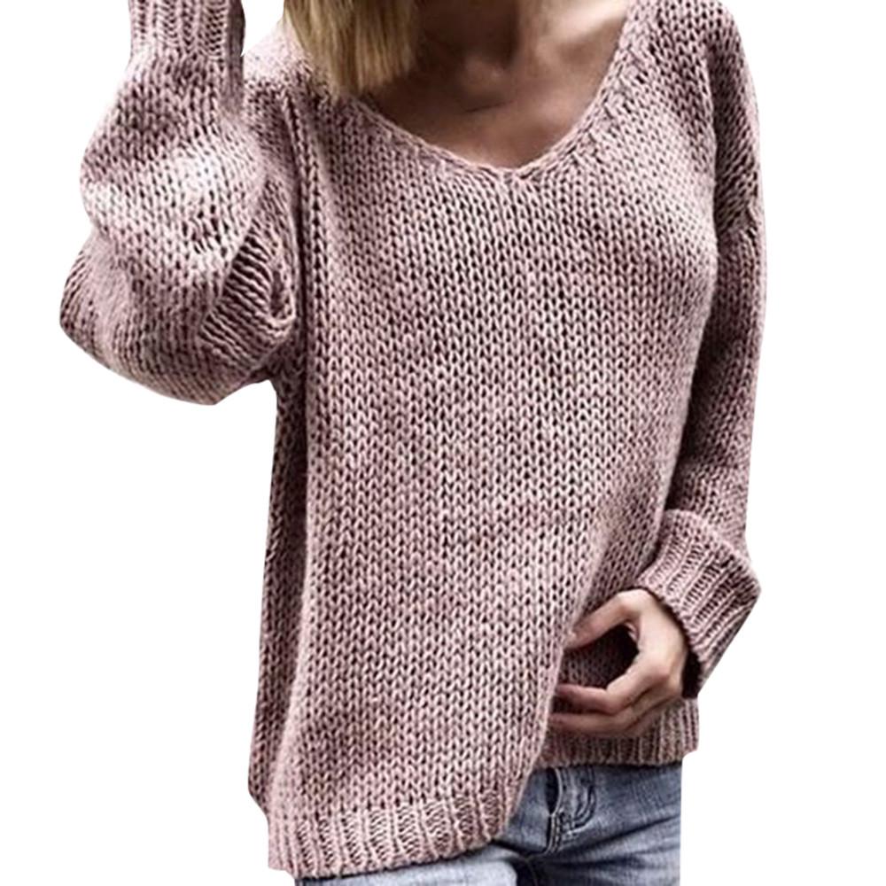 Women's Fashion V-neck Long Sleeve  Solid Color Sweaters and Knitted Sweaters