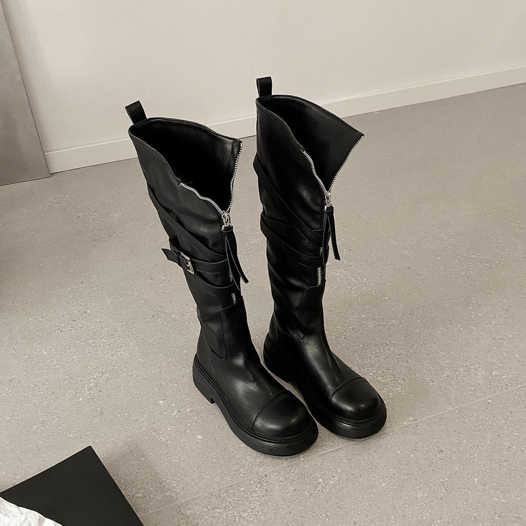 Cowhide version~ platform boots women's British style knight boots retro folded autumn and winter Maillard locomotive boots