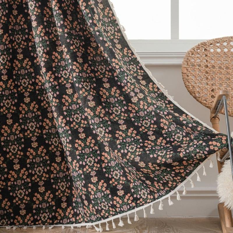 Living Room Bedroom Curtains Black Jacquard Flower Fringe Curtain Finished Kitchen Valance Bay Window Semi-shading Decoration