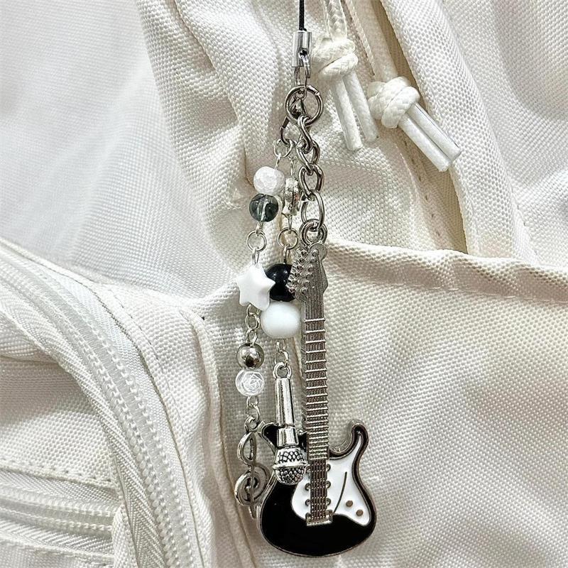 Cute Guitar Microphone Bead Mobile Phone Chain Charm Sweet Keychain Backpack Musical Note Pendant Bag Hanging Ornament Girl Gift