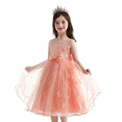 New Children's Bowknot Mesh Dress with Pearl Embroidery - Perfect for Christmas and Festive Parties