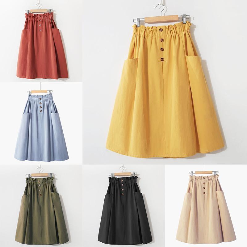 Woman Retro Vintage Solid High Waist A-Line Pockets Midi Skirt