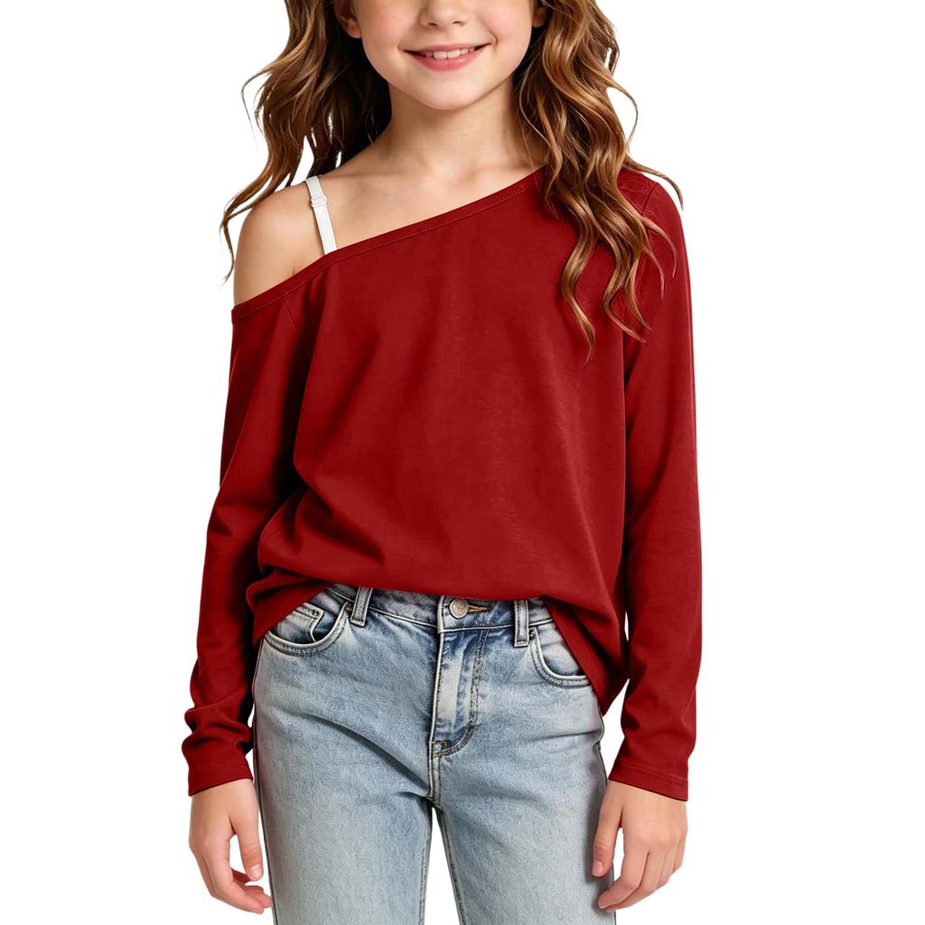 Kids Off-Shoulder Long Sleeve T-Shirt Loose Fit Color Casual Top