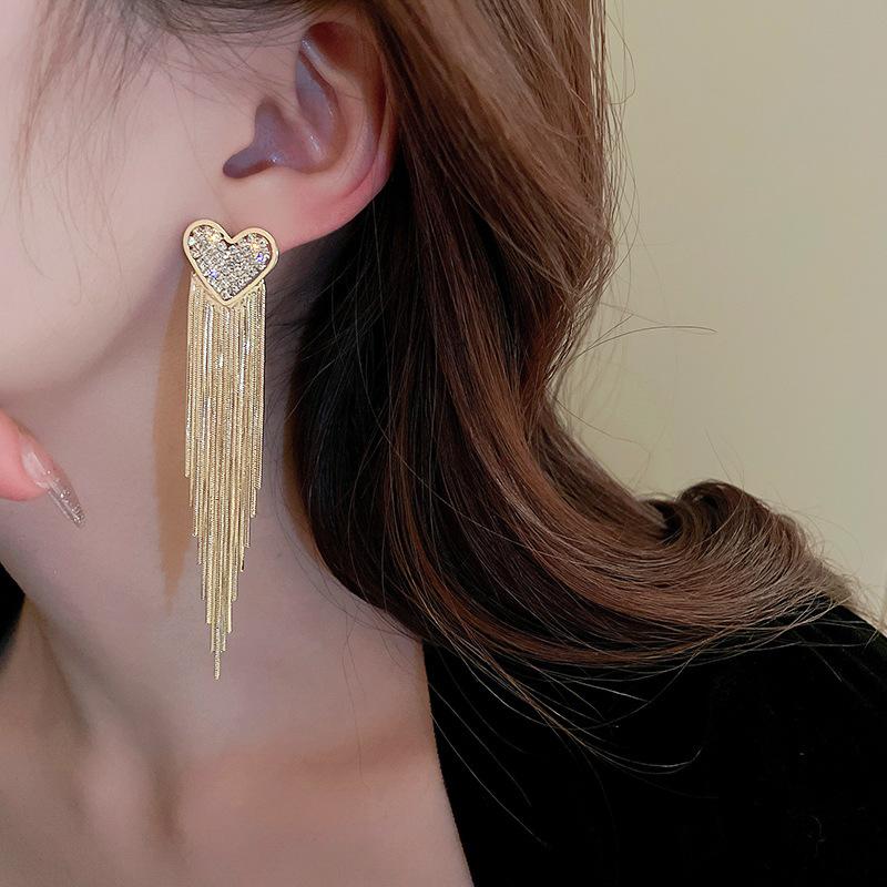 Luxury Heart Drop Earrings Women's Fashion Rhinestone Crystal Chain Long Tassel Earrings Wedding Party Zircon Accessories