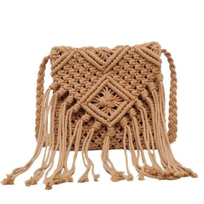 Weiche Baumwoll-Strohtasche für Damen, Umhängetasche, Strick-Quasten-Geldbörse, Schultertasche, Strand