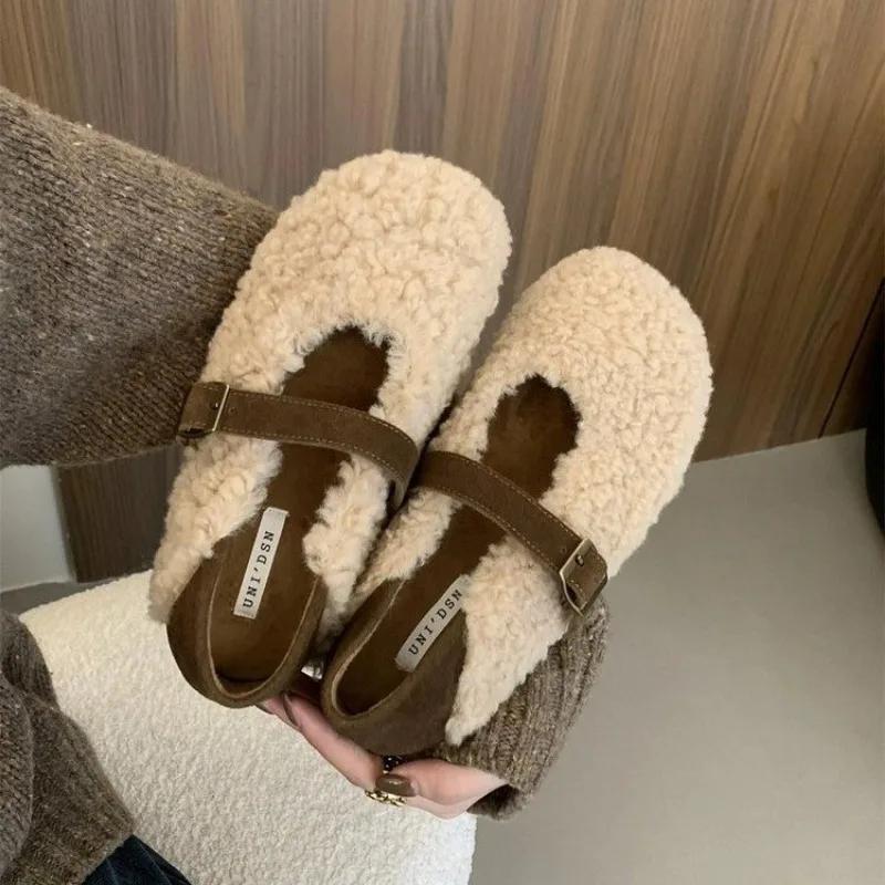 Shoes Female 2024 Hot Sale Buckle Strap Women's Flats Fashion Shallow Daily Flats Women New Light Short Plush Flat Low Heels