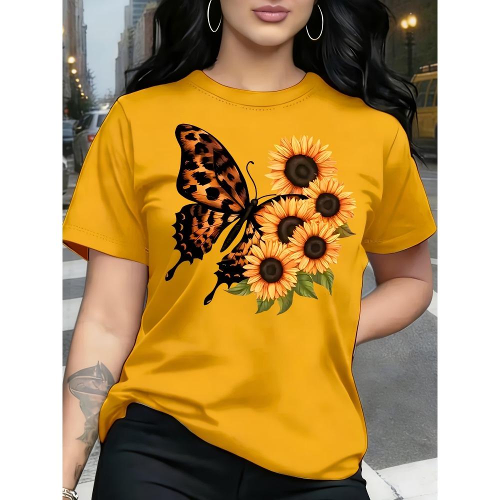 Damen Glitzerndes Strass Schmetterling T-Shirt Blau Grün Glitzer Druck Lässig Rundhals Kurzarm