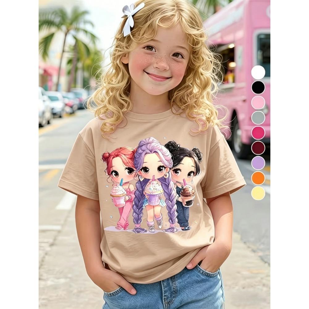 Children's Kpop Popular Cartoon Print T-Shirt Tops Clothing Design Casual Harajuku Style Round Neck Short Sleeve Girl Clothing