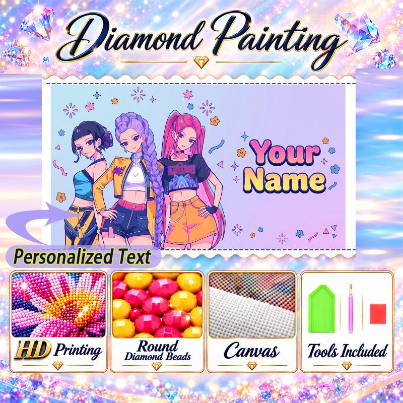 Kpop Demon Hunters 5D DIY Diamond Painting Custom Name Text, Full Drill Rhinestone Mosaic Art Home Gift