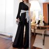 Tuta da donna monospalla con paillettes a gamba larga, vita con cintura, cut-out, tinta unita, outfit da sera
