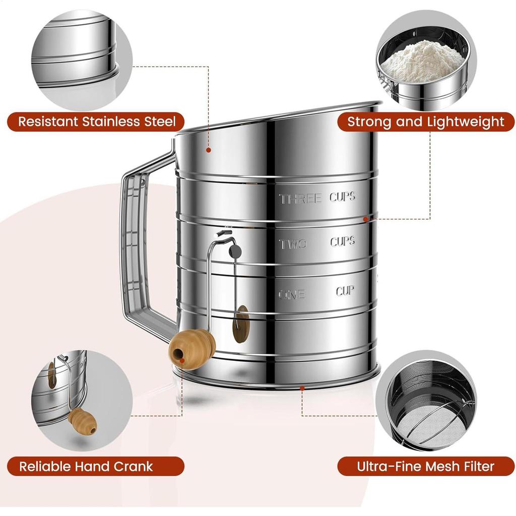 Flour Sifter Rotary Hand Crank Flour Duster Dishwasher Safe Kitchen Sifting Tool Powdered Sugar Shaker for Pastries Pies Cakes