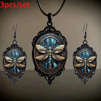 Elegante Conjunto de Tres Piezas de Collar y Pendientes Retro de Moda