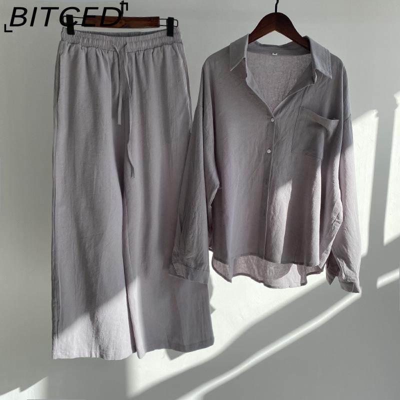 BITCED Women's 2-piece Vintage Plus-size Cotton and Linen Shirt Set High-waisted Loose Trousers