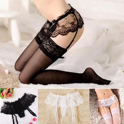 Dámske priehľadné sexi čipkované pančuchy podväzkový opasok súprava 2 v 1
