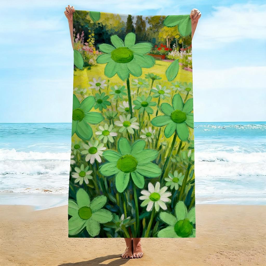 Pastoral Daisy Beach Towel, Vibrant Green Daisy & White Daisy Pattern Bath Towel, Nature Inspired Summer Beach Blanket