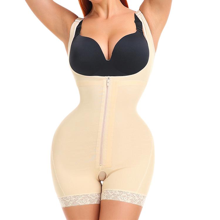 

Open Crotch Full Body Shaper Bodysuit, Front Zipper Inner Hooks Tummy Control Shapewear S