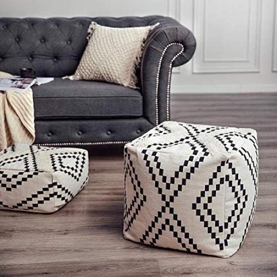 MOCOFO Decorative Square Pouf Cover for Bedroom Boho Cotton Unstuffed Pouf Footstool (Black Diamond,18x18x18)